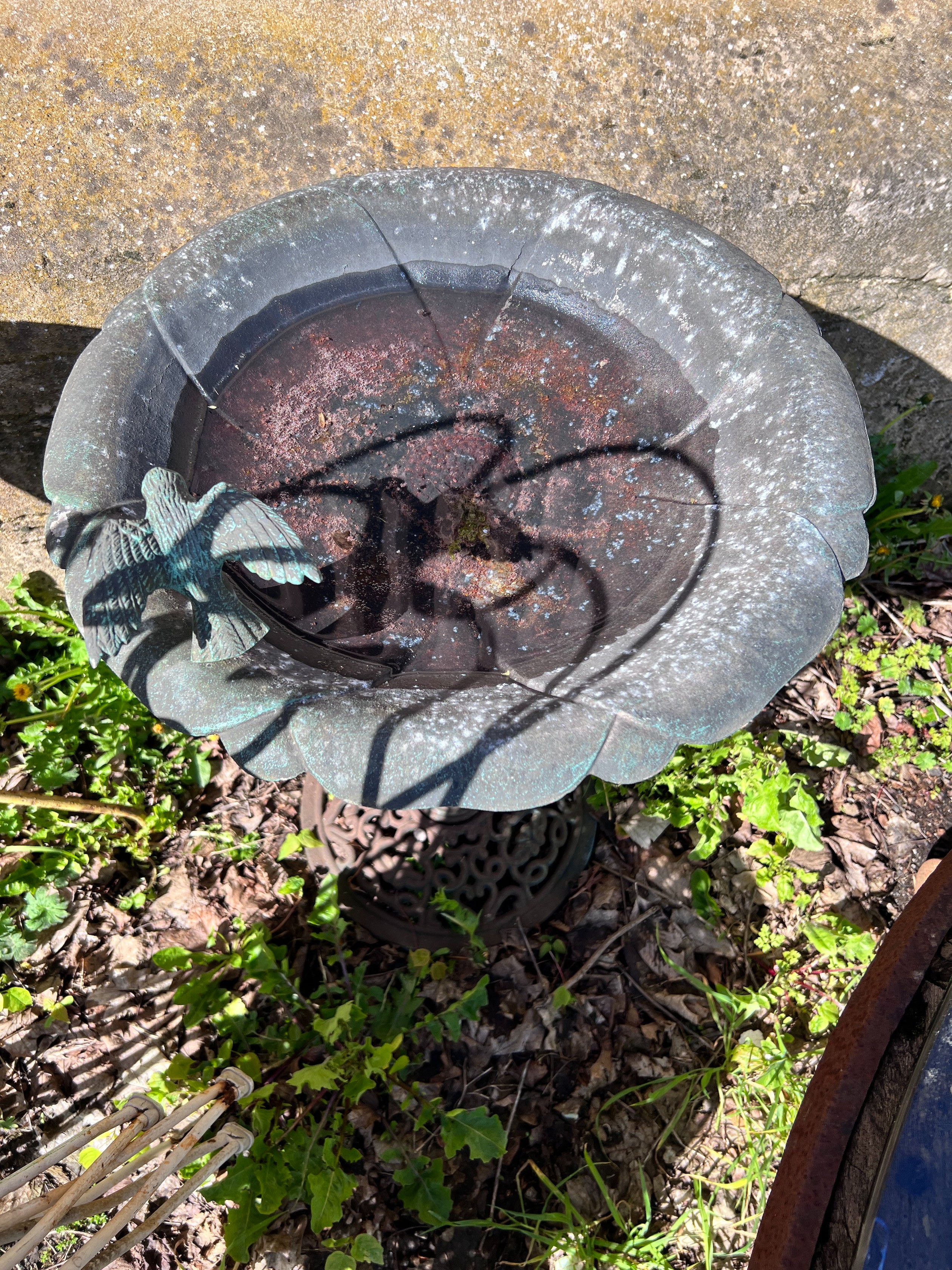 A painted metal bird bath, diameter 50cm, height 80cm *Please note the sale commences at 9am.